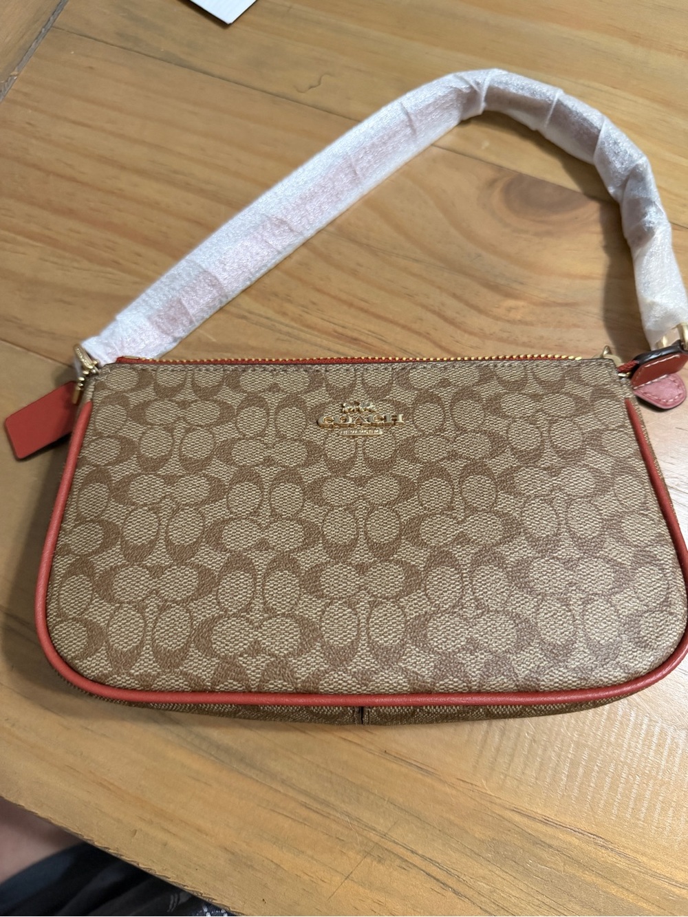 Coach Tan Signature Canvas Shoulder Bag with Terracotta Trim
